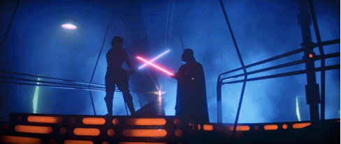 The most climactic scene in the entire movie. No better place for a fight than a STAGE-like set. It's also nice that Luke and Vader are almost silhouettes and their sabers do the talking.